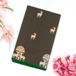 Olive Green Handloom Banarasi Silk Saree With Deer Buttas