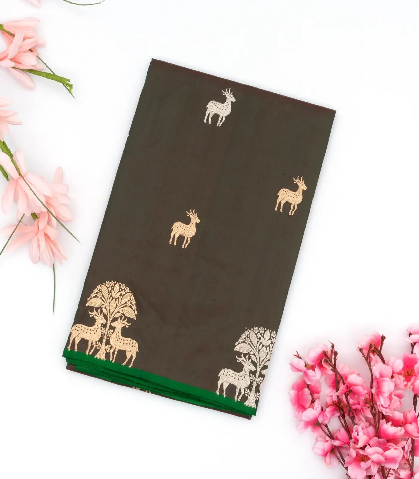 Olive Green Handloom Banarasi Silk Saree With Deer Buttas