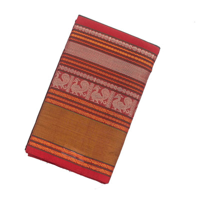 Brown Handloom Kanchi Cotton Saree With Contrast Border