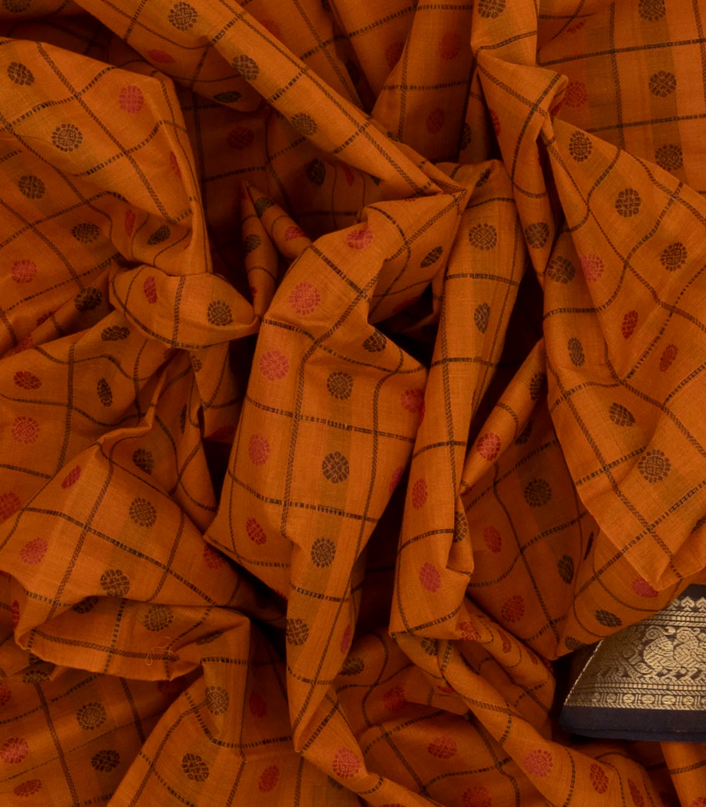 Mustard Handloom Kanchi Cotton Saree With Checks & Chakaram Motifs.