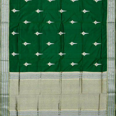 Dark Green Handloom Banarasi Silk Saree With Floral Buttas