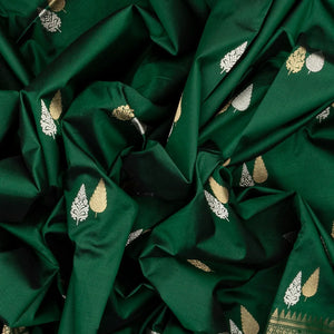 Dark Green Handloom Banarasi Silk Saree With Gold & Silver Zari Buttas