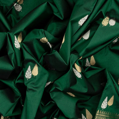 Dark Green Handloom Banarasi Silk Saree With Gold & Silver Zari Buttas