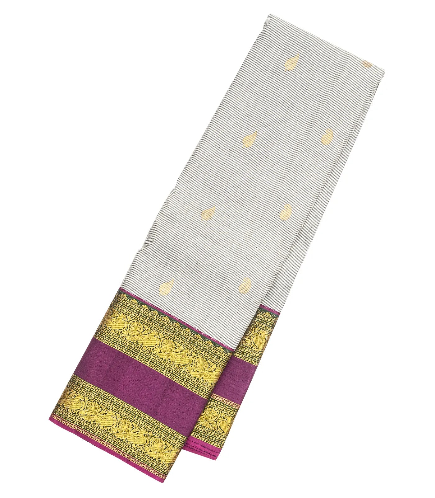 Off White Handloom Kanchipuram Korvai Silk Saree With Stripes & Buttas