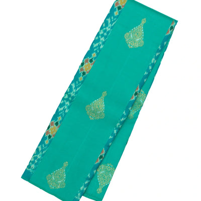 Cyan Handloom Kanchipuram Silk Saree With Ikat Floral Motifs