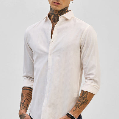 Cream Slim Fit Stripes Shirt