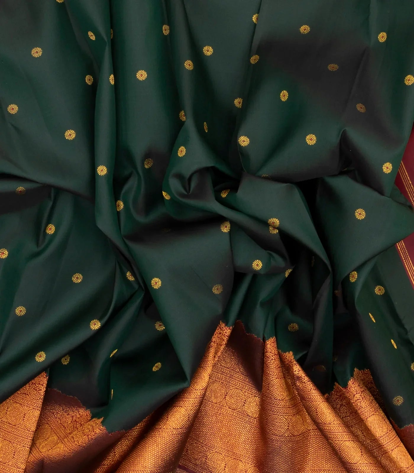 Bottle Green Handloom Kanchipuram Silk Saree With Meena Buttas