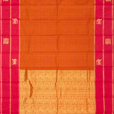 Orange Handloom Kanchi Cotton Saree With Checks