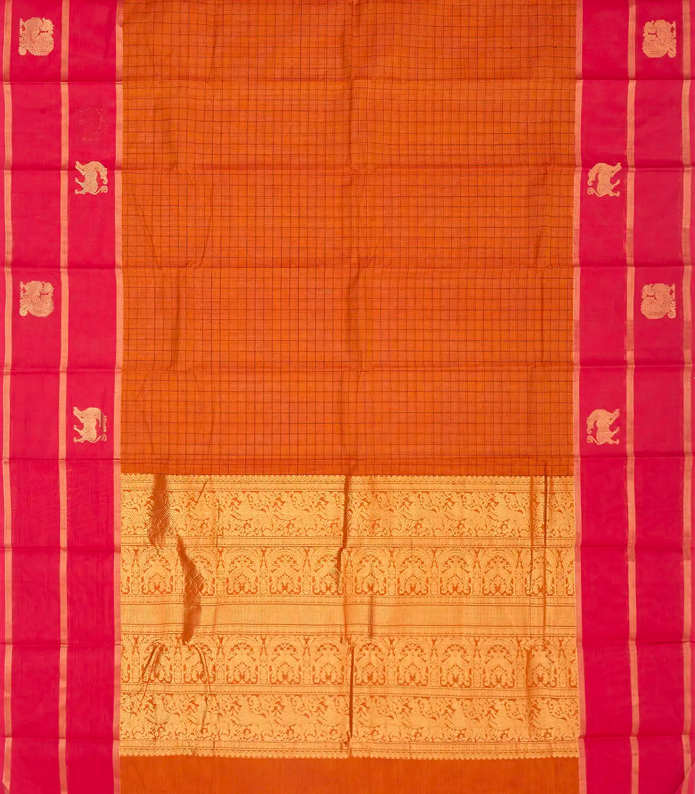 Orange Handloom Kanchi Cotton Saree With Checks