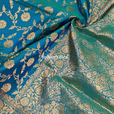 Sky Blue Floral Banarasi Katan Silk Saree