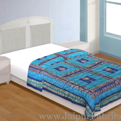 Firozi And Blue Golden Jaipuri  Tree  print Single Bed Quilt