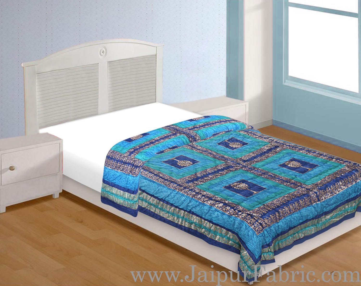 Firozi And Blue Golden Jaipuri  Tree  print Single Bed Quilt