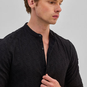 Black Mandarin Self-Design Shirt