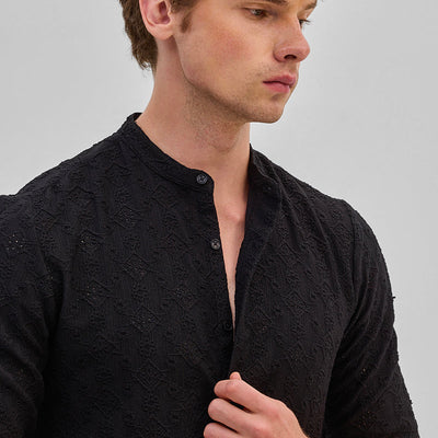Black Mandarin Self-Design Shirt