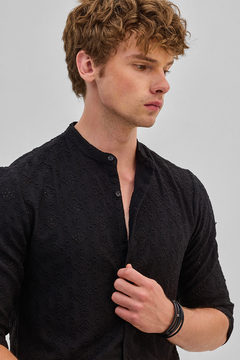Black Mandarin Self-Design Shirt