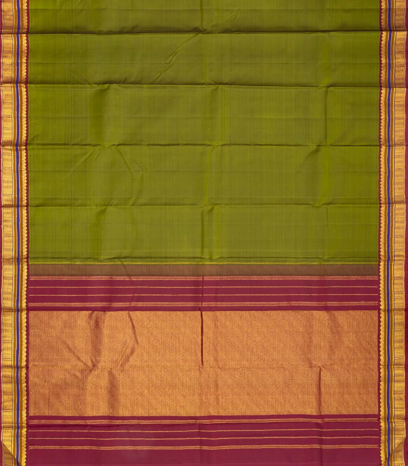 Olive Green Handloom Kanchipuram Silk Saree With Maroon Border