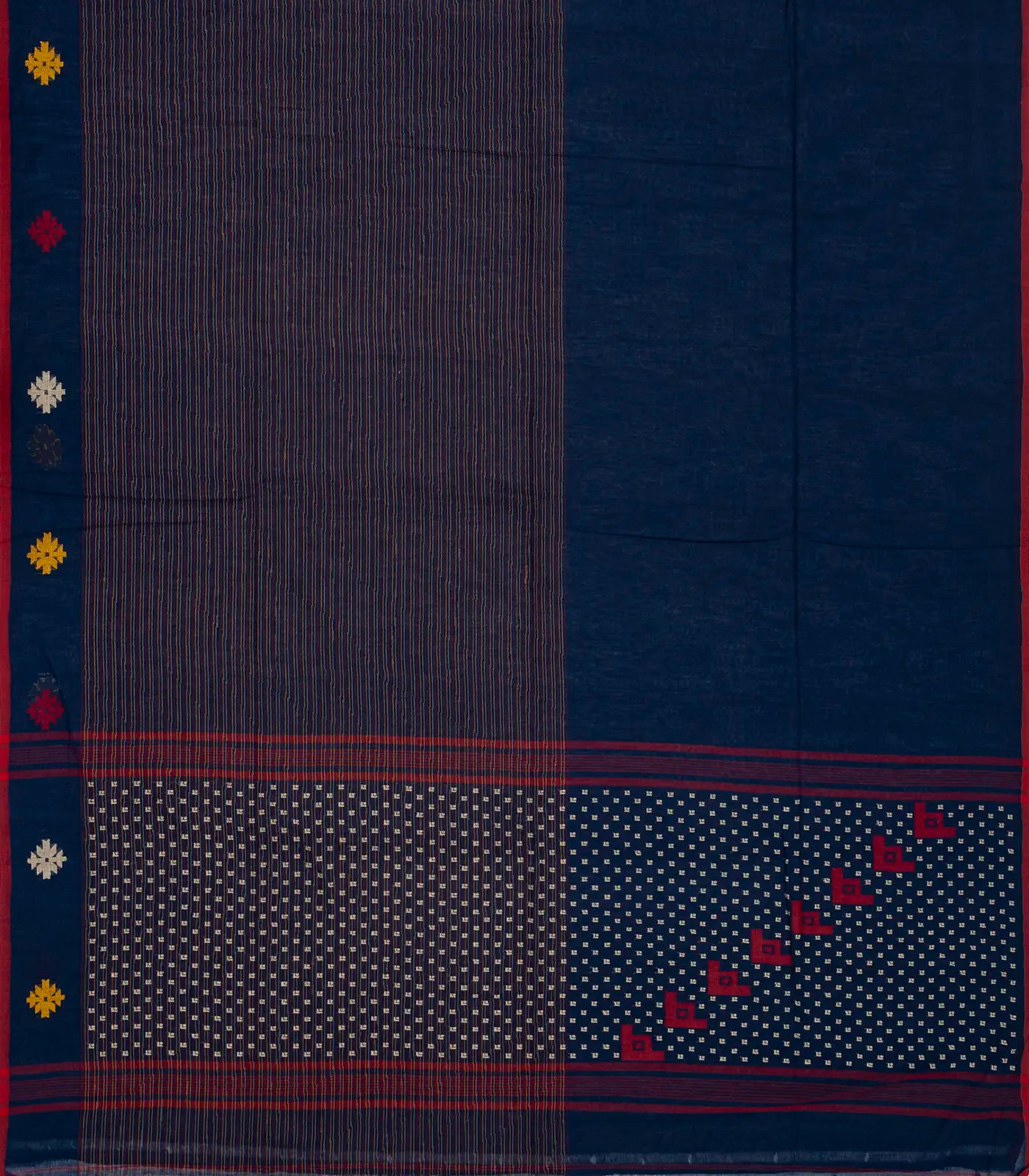 Midnight Blue Handloom Bengal Cotton Saree With Stripes