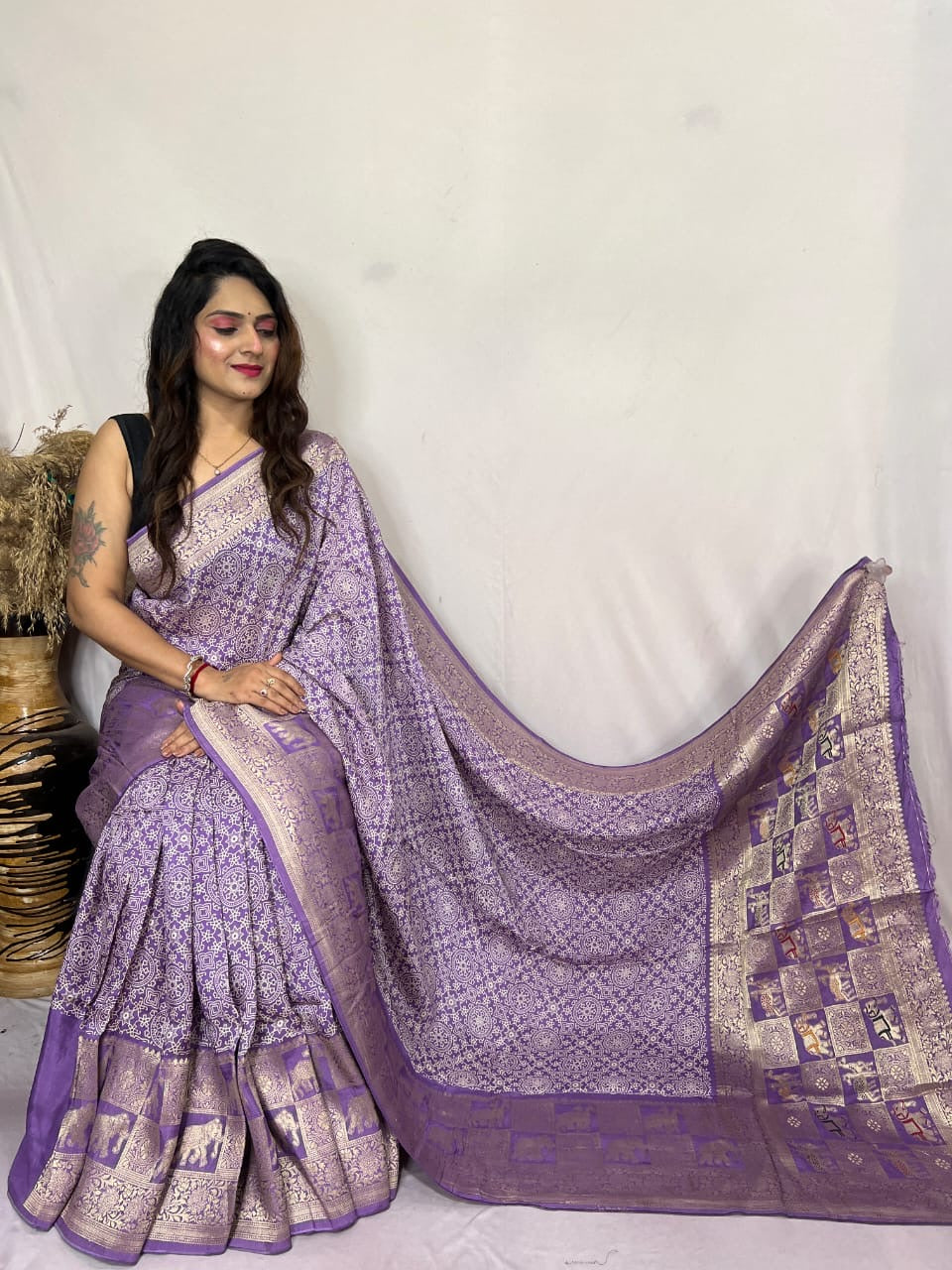 Dola Silk Authentic Hand Crafted Ajrakh Work Saree