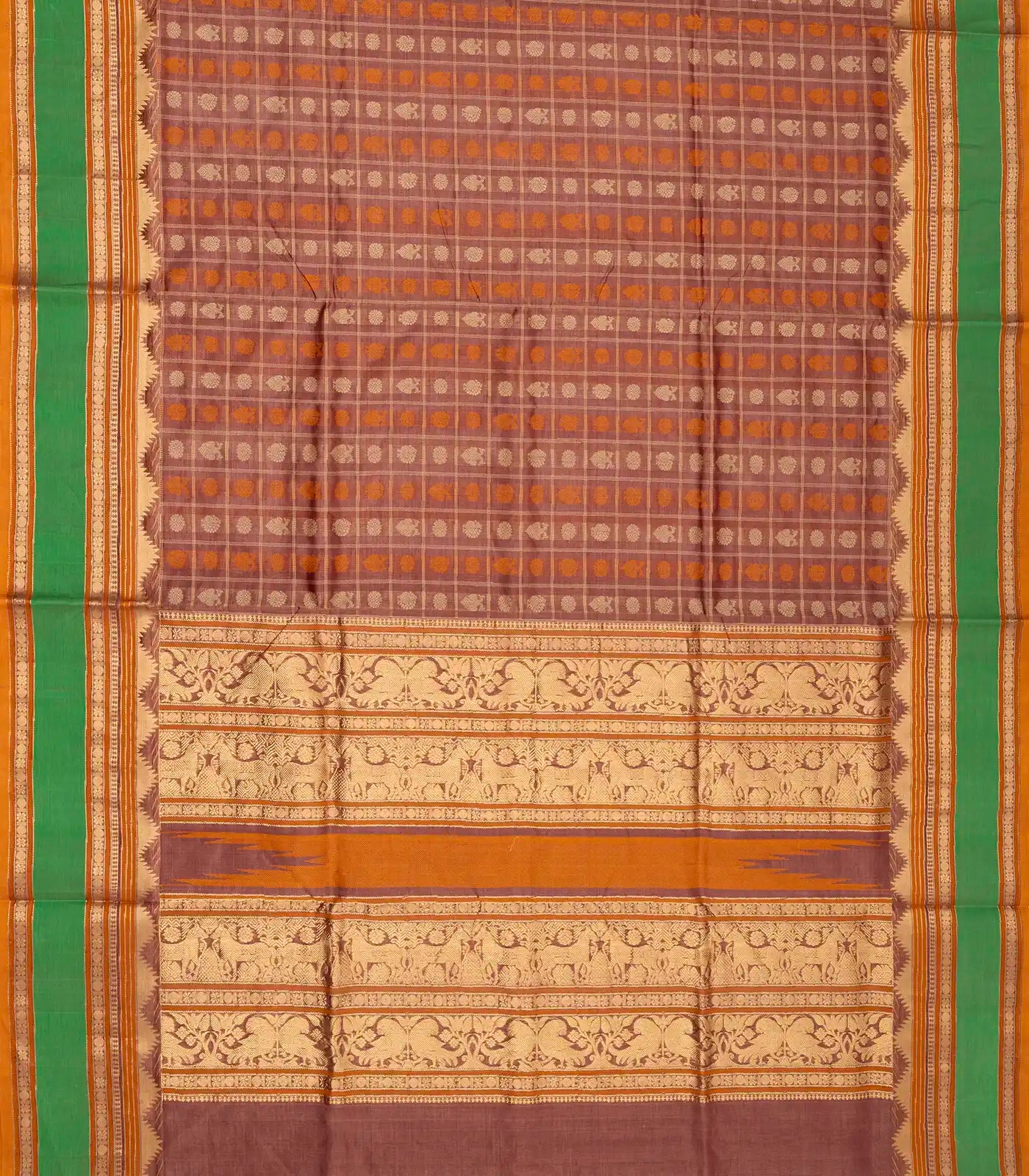 Dusty Pink Handloom Silk Cotton Saree With Checks & Contrast Border