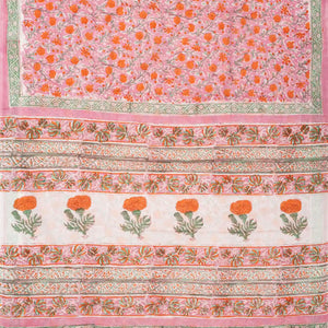 BubbleGum Pink Woven Jaipur Cotton Saree With Orange Printed Floral Motifs