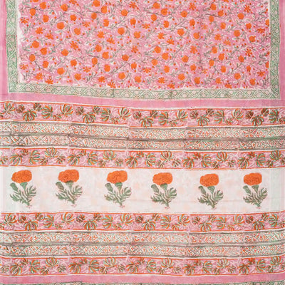 BubbleGum Pink Woven Jaipur Cotton Saree With Orange Printed Floral Motifs