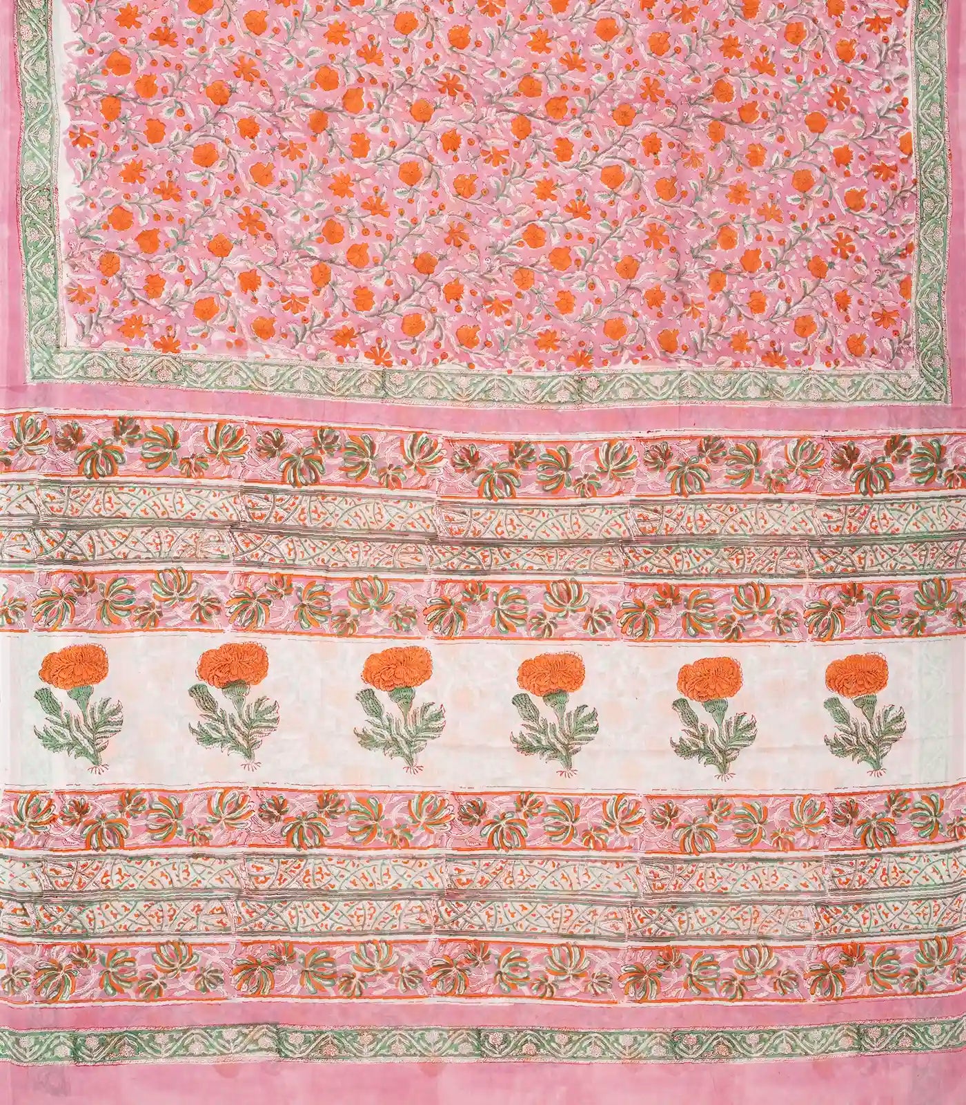 BubbleGum Pink Woven Jaipur Cotton Saree With Orange Printed Floral Motifs