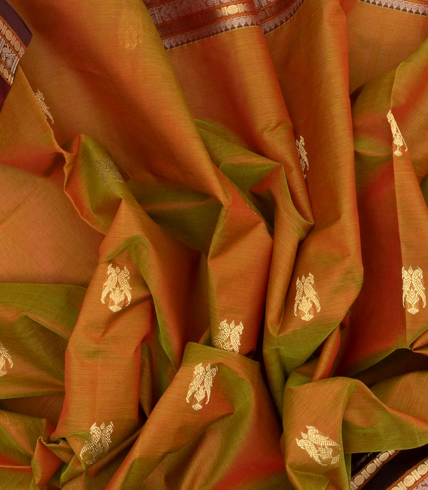 Mustard Handloom Silk Cotton Saree With Parrot Buttas