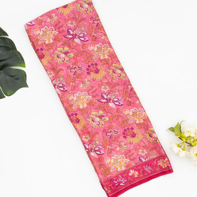 Baby Pink Woven Digital Printed Satin Silk Saree With Floral Motifs