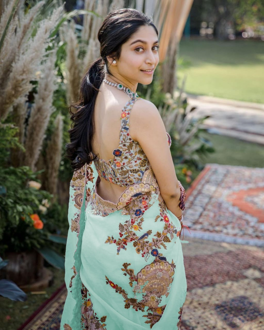 Organza Beautifull Thread Embroidery work Saree