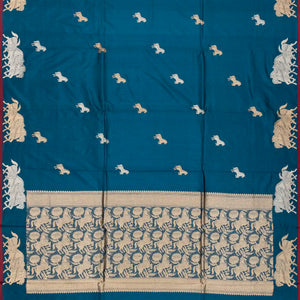 Cyan Handloom Banarasi Silk Saree With Horse Buttas