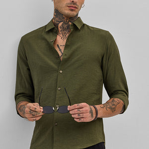 Olive Slim Fit Linen Shirt