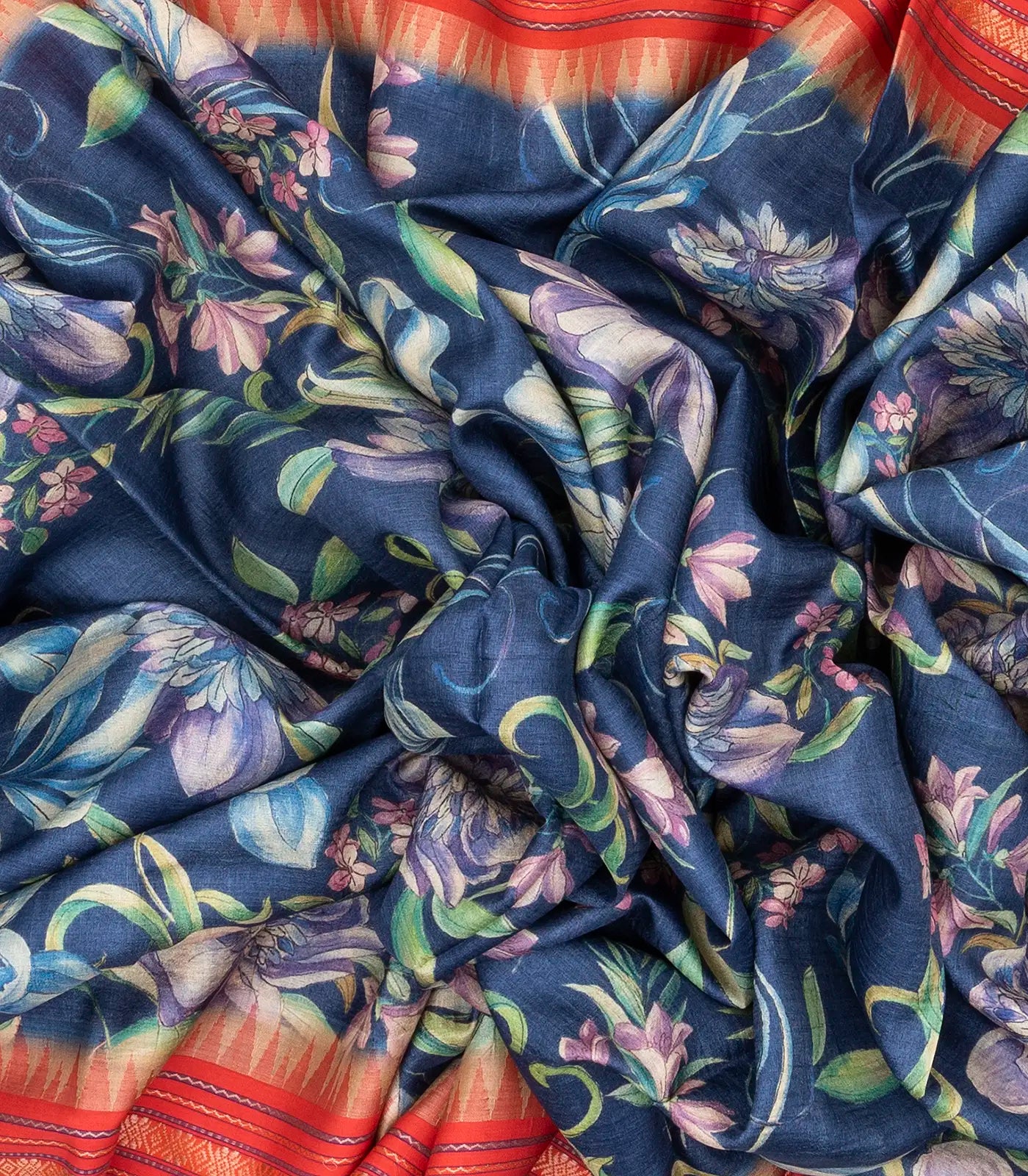 Indigo Handloom Tussar Silk Saree Printed With Floral Motifs