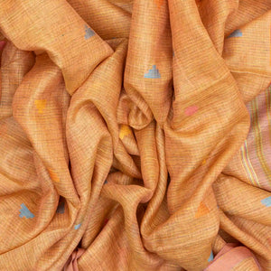 Light Peach Handloom Linen Saree With Temple Buttas