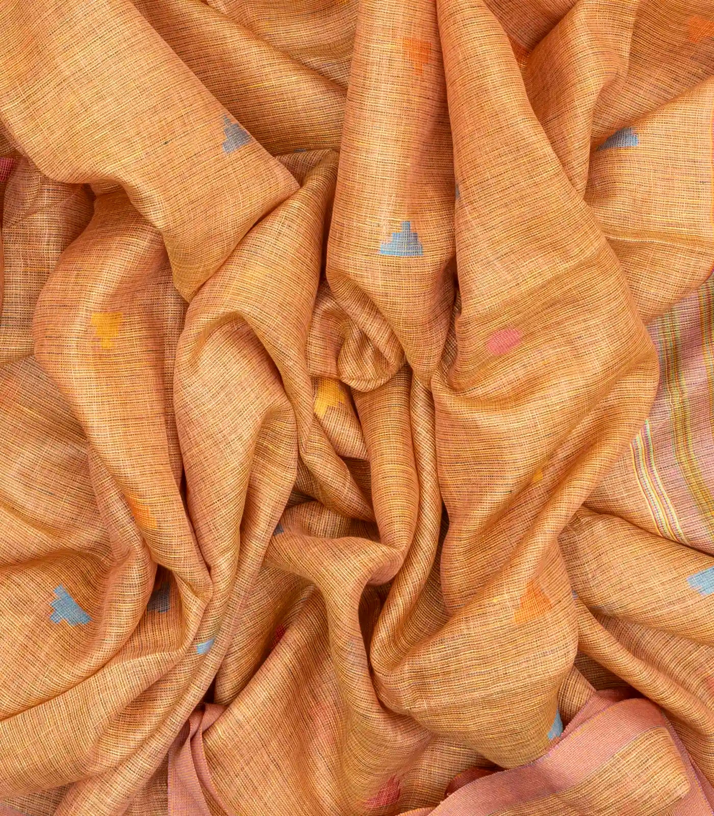 Light Peach Handloom Linen Saree With Temple Buttas