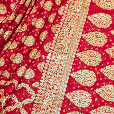 Red Pure Khaddi Georgette Banarasi Silk Saree