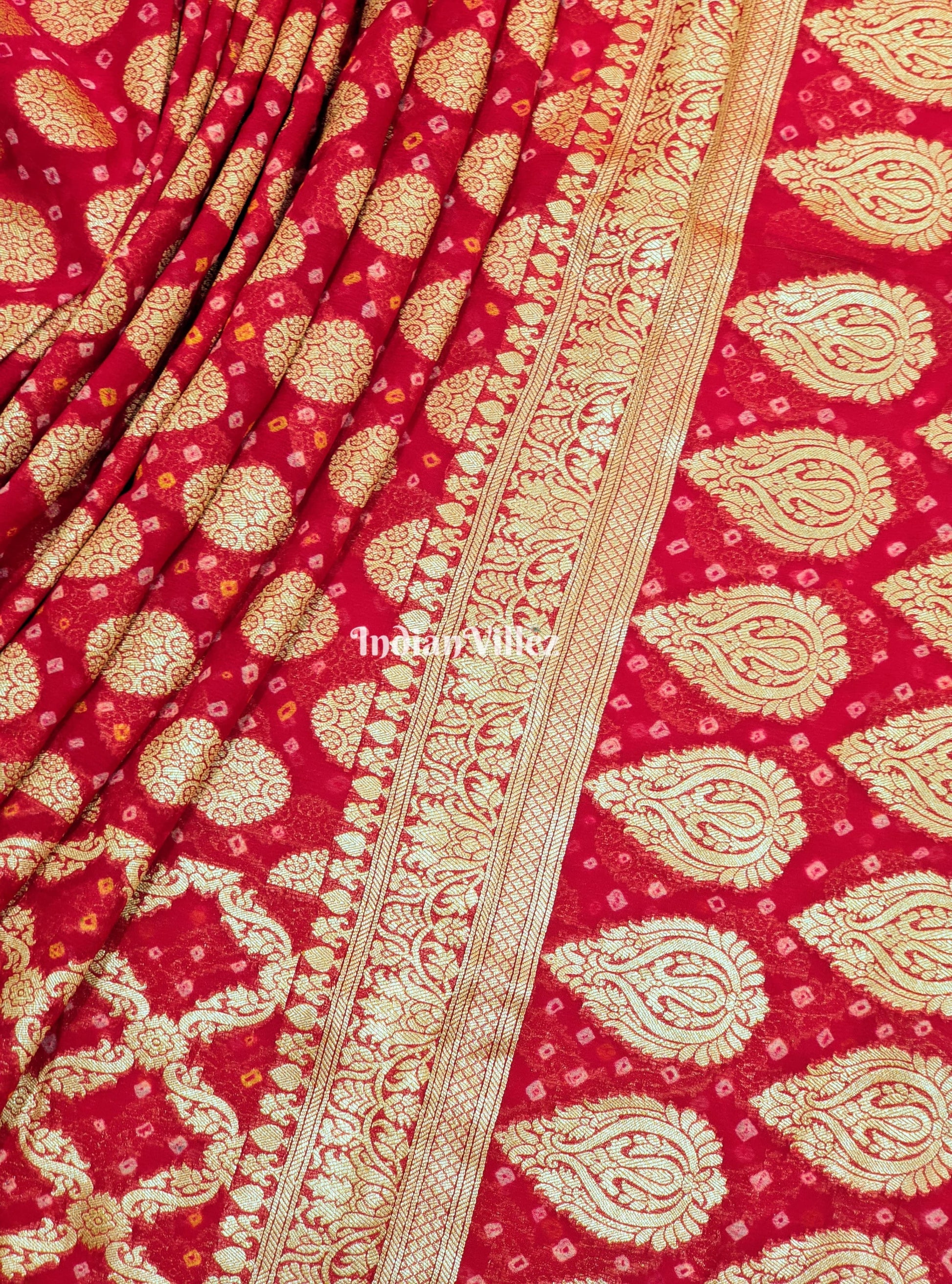 Red Pure Khaddi Georgette Banarasi Silk Saree
