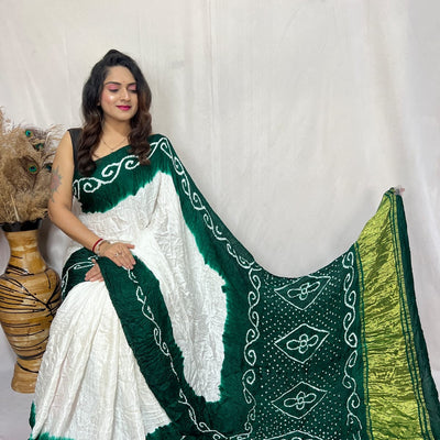 Heavy Ghazi Silk White Concept Bandhani Saree