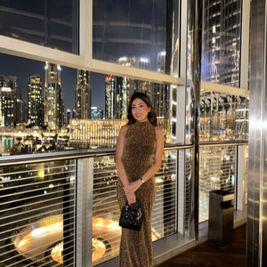 Cerai Halterneck Sequined Party Dress in Gold
