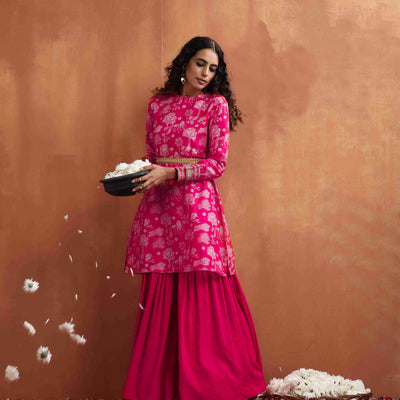 trueBrowns Red Print Sharara Set
