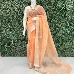 Light Peach Pure Silk Cotton Maheshwari Saree with Zari Border