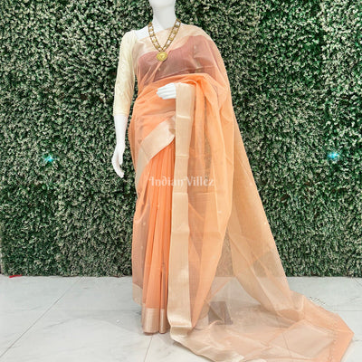 Light Peach Pure Silk Cotton Maheshwari Saree with Zari Border