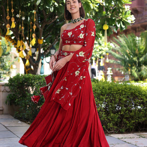 Rutvi Red Handpainted Satin Lehenga Set