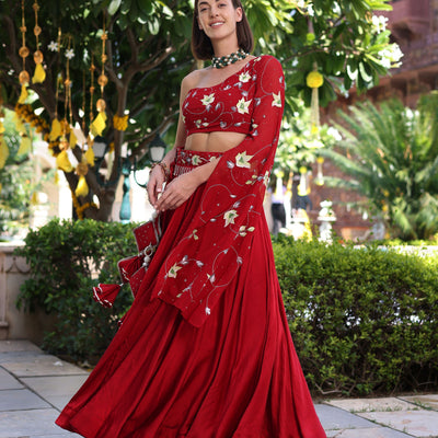 Rutvi Red Handpainted Satin Lehenga Set