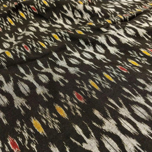 White Tribal on Black with Red & Yellow Motif Cotton Ikat  Fabric