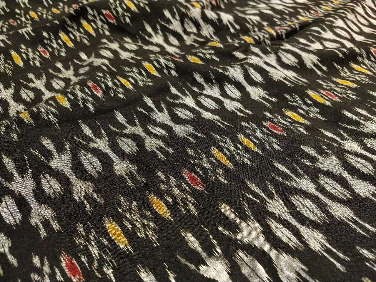 White Tribal on Black with Red & Yellow Motif Cotton Ikat  Fabric