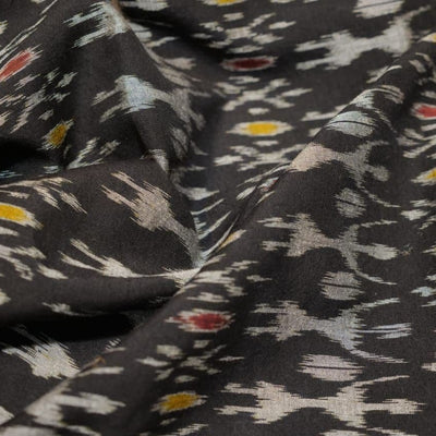 White Tribal on Black with Red & Yellow Motif Cotton Ikat  Fabric
