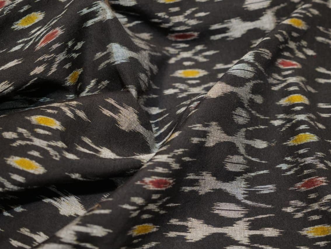 White Tribal on Black with Red & Yellow Motif Cotton Ikat  Fabric