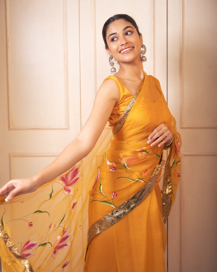 Surya Handpainted Gota Pure Organza Saree