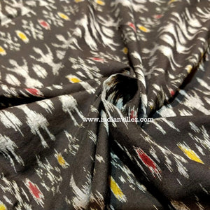 White Tribal on Black with Red & Yellow Motif Cotton Ikat  Fabric