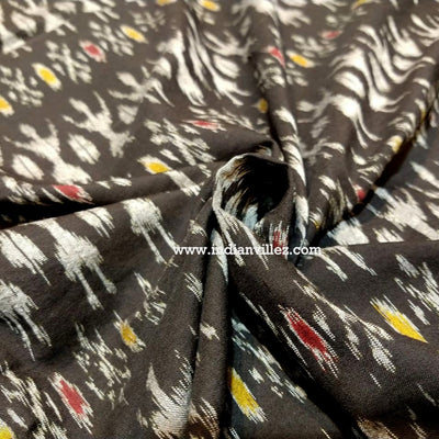 White Tribal on Black with Red & Yellow Motif Cotton Ikat  Fabric